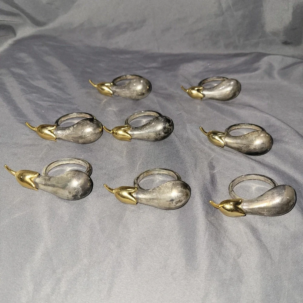 Eggplant Pear Shaped Napkin Rings Holders Set Of 8 Gold & Silver Tone Heavy